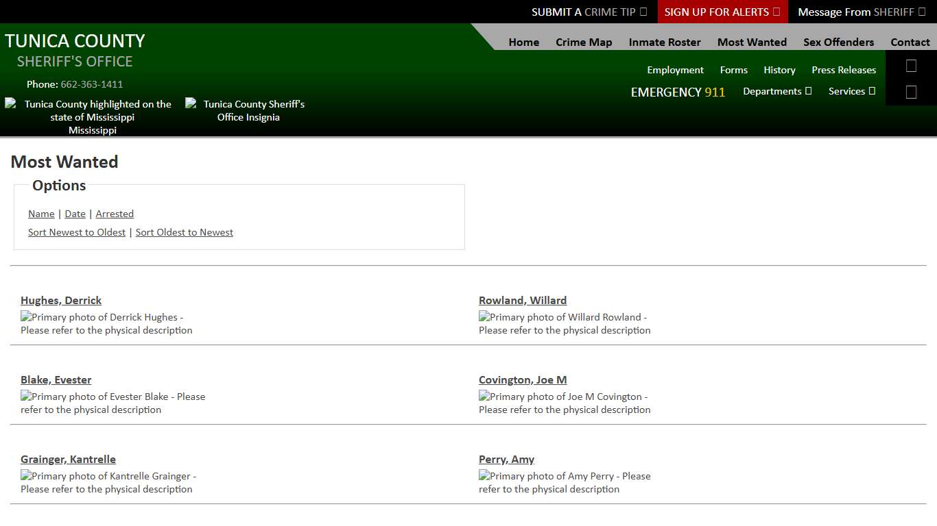 Most Wanted - Sorting by Posting Date - Descending - Page 1 - Tunica County Sheriff's Office